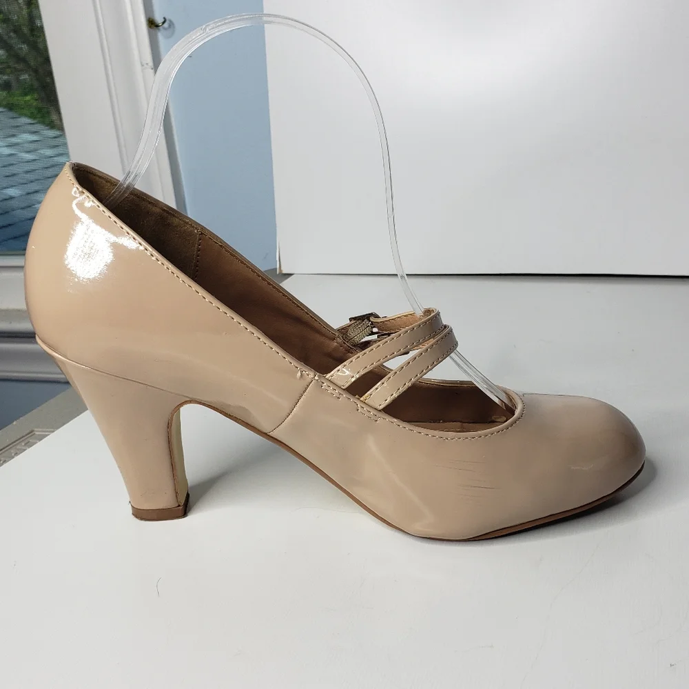 Bridesmaid Faux Patent Double Strap Mary Jane Heels Neutral Office Brinley 7.5 ♡